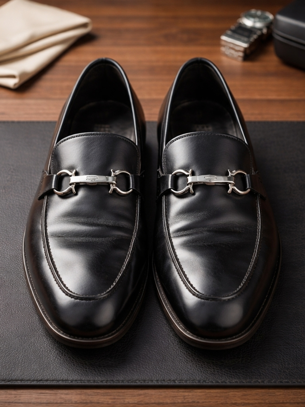 SALVATORE FERRAGAMO 'Fenice' Black Leather Loafers Size 10.5